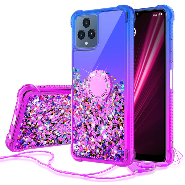Glitter Phone Case Kickstand Compatible for T-Mobile Revvl 6 5G Case, Revvl 6 5G Case,Ring Stand Liquid Floating Quicksand Bling Sparkle Protective Girls Women for T-Mobile Revvl 6 5G W/Temper Glass - (Blue/Purple Gradient)