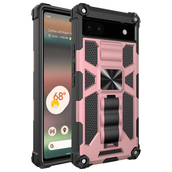 For Google Pixel 6A Case [Military Grade] Ring Car Mount Kickstand w/[Tempered Glass] Hybrid Hard PC Soft TPU Shockproof Protective Case - Rose Gold
