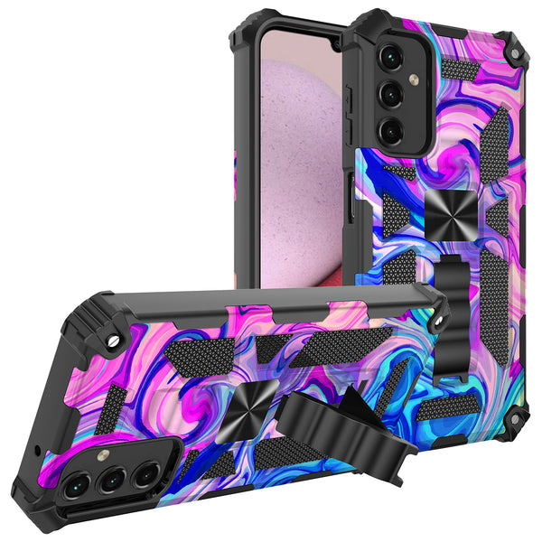 For Samsung Galaxy A14 5G Case [Military Grade] Ring Car Mount Kickstand w/[Tempered Glass] Hybrid Hard PC Soft TPU Shockproof Protective Case - Rainbow Camo