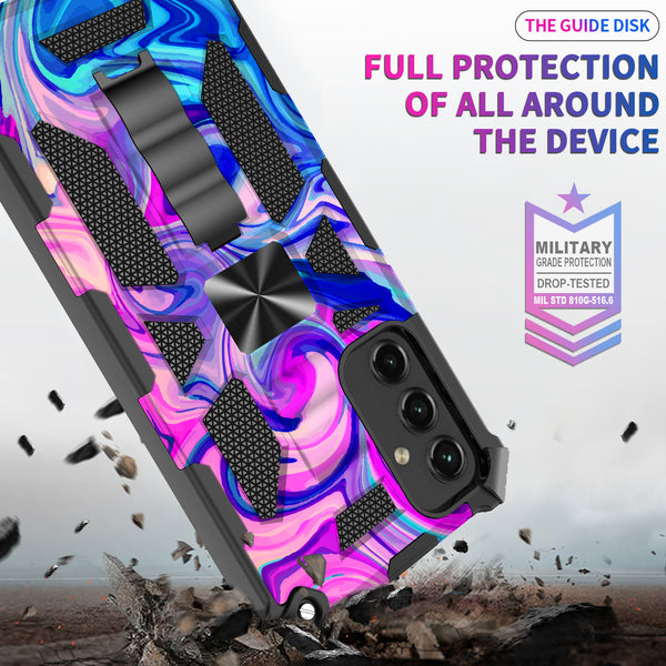 For Samsung Galaxy A14 5G Case [Military Grade] Ring Car Mount Kickstand w/[Tempered Glass] Hybrid Hard PC Soft TPU Shockproof Protective Case - Rainbow Camo