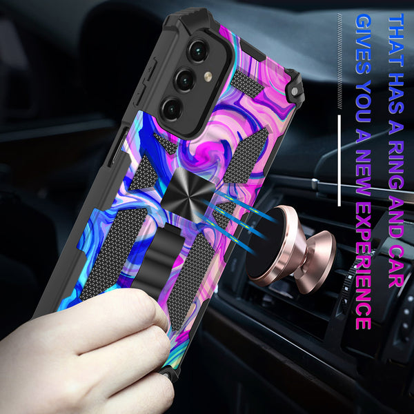 For Samsung Galaxy A14 5G Case [Military Grade] Ring Car Mount Kickstand w/[Tempered Glass] Hybrid Hard PC Soft TPU Shockproof Protective Case - Rainbow Camo