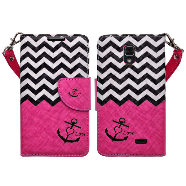 LG F70 Wallet Case [Card Slots + Money Pocket + Kickstand] and Strap - Hot Pink Anchor