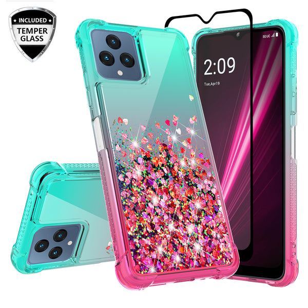 For T-Mobile REVVL 6 5G Case Liquid Glitter Phone Case Waterfall Floating Quicksand Bling Sparkle Cute Protective Girls Women Cover for T-Mobile REVVL 6 5G W/Temper Glass - (Teal/Pink Gradient)