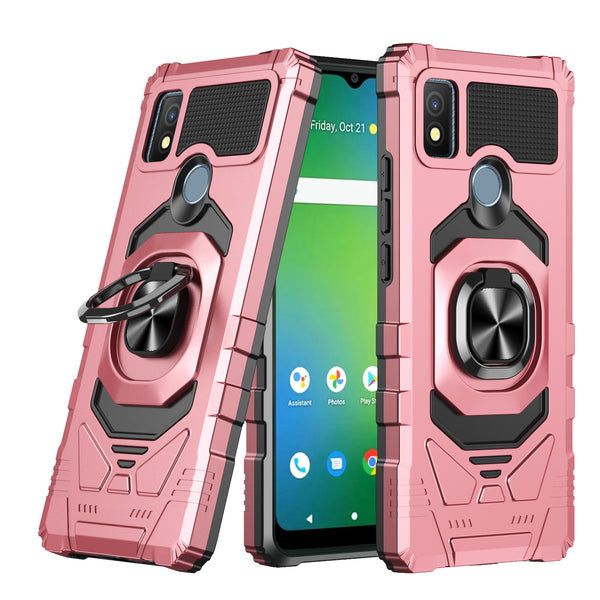 For Cricket Icon 4 Case [Military Grade] Ring Car Mount Kickstand w/[Tempered Glass] Hybrid Hard PC Soft TPU Shockproof Protective Case - Rose Gold