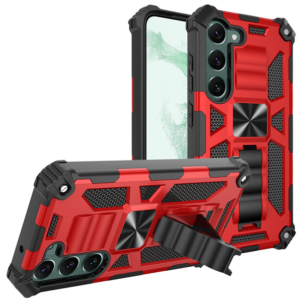 For Samsung Galaxy S23 Plus Case [Military Grade] Ring Car Mount Kickstand w/[Tempered Glass] Hybrid Hard PC Soft TPU Shockproof Protective Case -Red