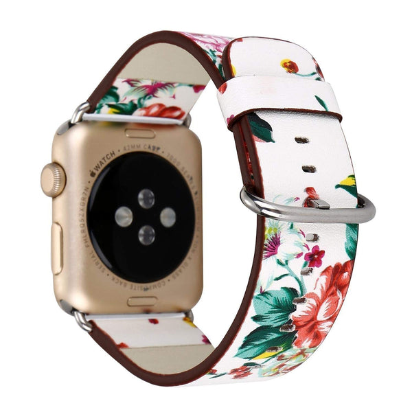 Black Floral Printed Leather Watch Band 38mm Strap - white red flower - www.coverlabusa.com