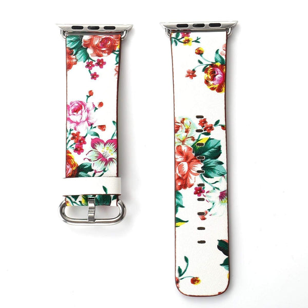 Black Floral Printed Leather Watch Band 38mm Strap - white red flower - www.coverlabusa.com