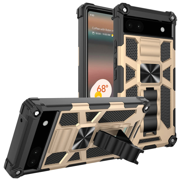 For Google Pixel 6A Case [Military Grade] Ring Car Mount Kickstand w/[Tempered Glass] Hybrid Hard PC Soft TPU Shockproof Protective Case - Gold