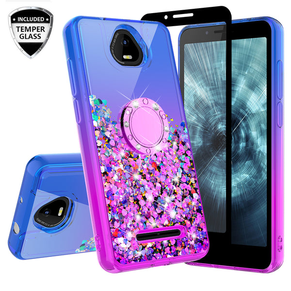 Glitter Phone Case Kickstand Compatible for Boost Schok Volt Case, SV55 Case,Ring Stand Liquid Floating Quicksand Bling Sparkle Protective Girls Women for Boost Schok Volt W/Temper Glass - (Blue/Purple Gradient)