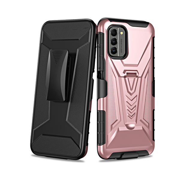 For Nokia G400 5G Case with Tempered Glass Screen Protector Heavy Duty Protective Phone Case,Built-in Kickstand Rugged Shockproof Protective Phone Case - Rose Gold