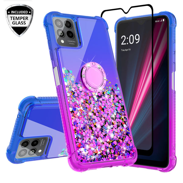 Glitter Phone Case Kickstand Compatible for T-Mobile Revvl 6 Pro 5G Case, Revvl 6 Pro 5G Case,Ring Stand Liquid Floating Quicksand Bling Sparkle Protective Girls Women for T-Mobile Revvl 6 Pro 5G W/Temper Glass - (Blue/Purple Gradient)
