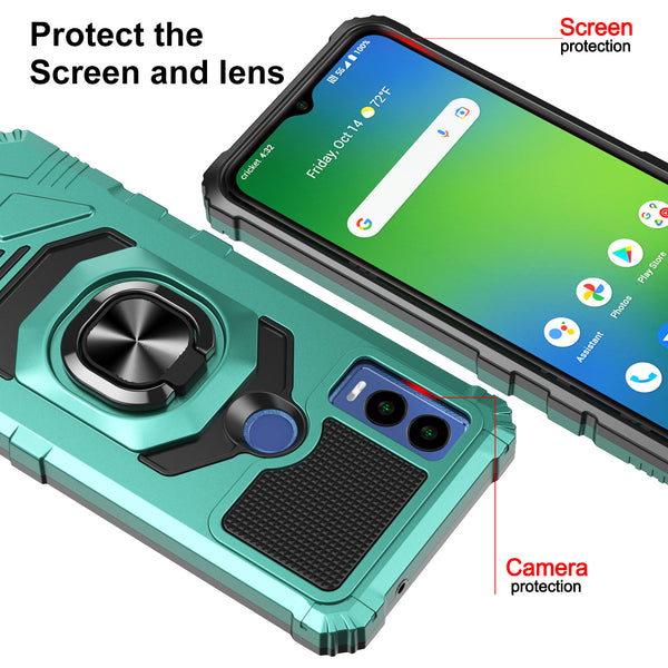 For Cricket Innovate E 5G Case [Military Grade] Ring Car Mount Kickstand w/[Tempered Glass] Hybrid Hard PC Soft TPU Shockproof Protective Case - Teal