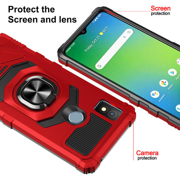 For Cricket Icon 4 Case [Military Grade] Ring Car Mount Kickstand w/[Tempered Glass] Hybrid Hard PC Soft TPU Shockproof Protective Case - Red
