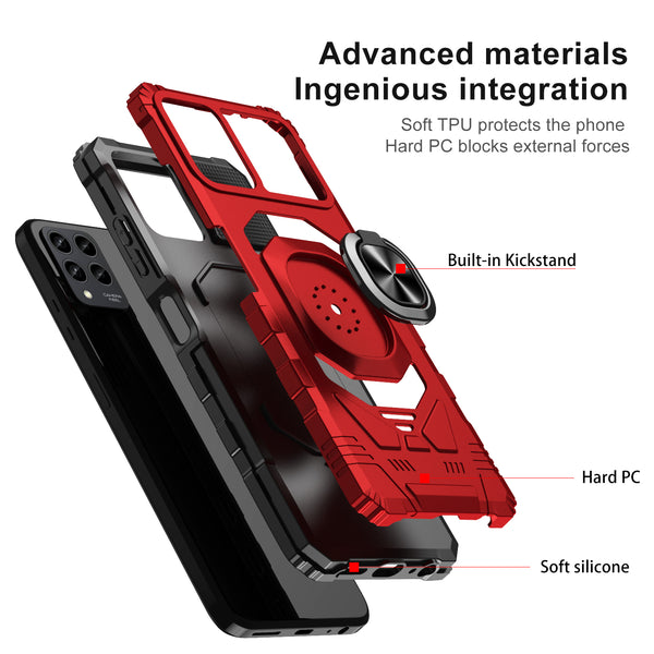 For T-Mobile REVVL 6 Pro 5G Case [Military Grade] Ring Car Mount Kickstand w/[Tempered Glass] Hybrid Hard PC Soft TPU Shockproof Protective Case - Red