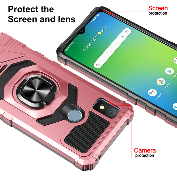 For Cricket Icon 4 Case [Military Grade] Ring Car Mount Kickstand w/[Tempered Glass] Hybrid Hard PC Soft TPU Shockproof Protective Case - Rose Gold