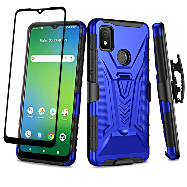 For Cricket Icon 4 Case with Tempered Glass Screen Protector Heavy Duty Protective Phone Case,Built-in Kickstand Rugged Shockproof Protective Phone Case - Blue