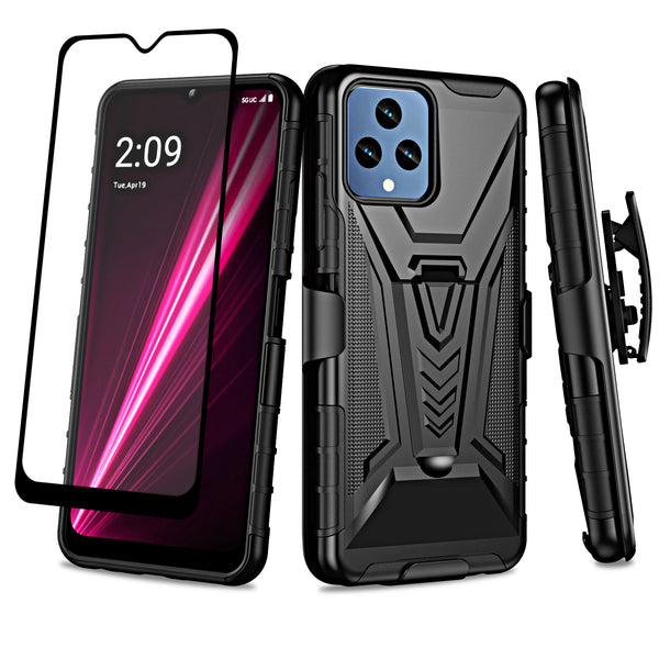 For T-Mobile REVVL 6 5G Case with Tempered Glass Screen Protector Heavy Duty Protective Phone Case,Built-in Kickstand Rugged Shockproof Protective Phone Case - Black