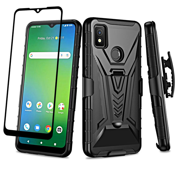 For Cricket Icon 4 Case with Tempered Glass Screen Protector Heavy Duty Protective Phone Case,Built-in Kickstand Rugged Shockproof Protective Phone Case - Black