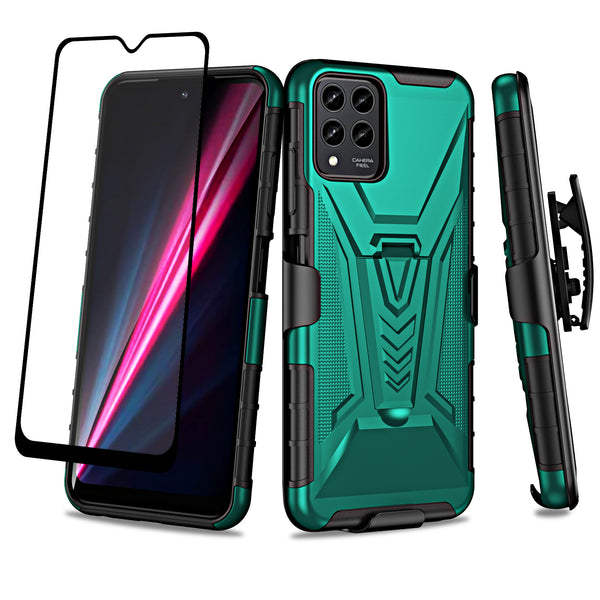 For T-Mobile REVVL 6 Pro 5G Case with Tempered Glass Screen Protector Heavy Duty Protective Phone Case,Built-in Kickstand Rugged Shockproof Protective Phone Case - Teal