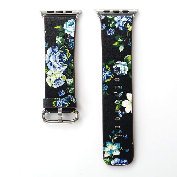 Black Floral Printed Leather Watch Band 38mm Strap - Black blue flower - www.coverlabusa.com