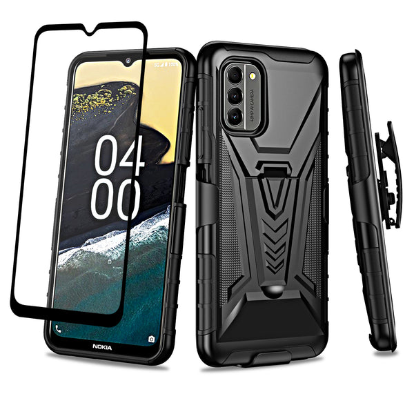 For Nokia G400 5G Case with Tempered Glass Screen Protector Heavy Duty Protective Phone Case,Built-in Kickstand Rugged Shockproof Protective Phone Case - Black