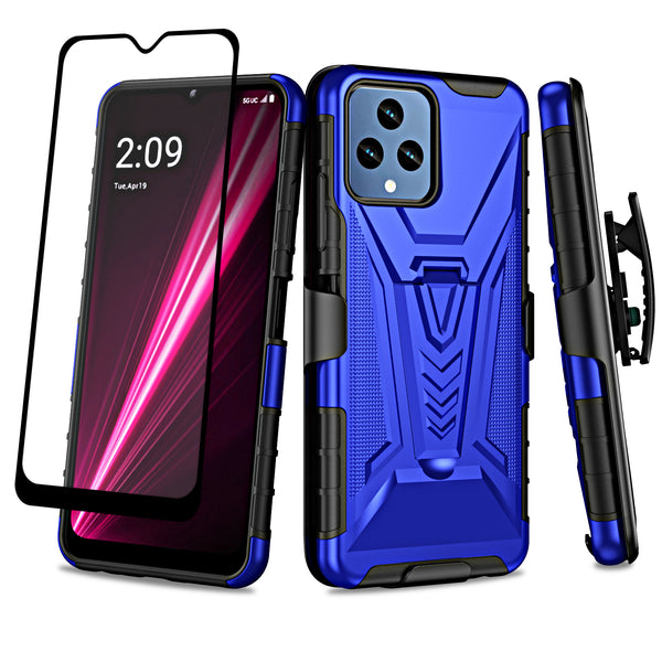 For T-Mobile REVVL 6 5G Case with Tempered Glass Screen Protector Heavy Duty Protective Phone Case,Built-in Kickstand Rugged Shockproof Protective Phone Case - Blue