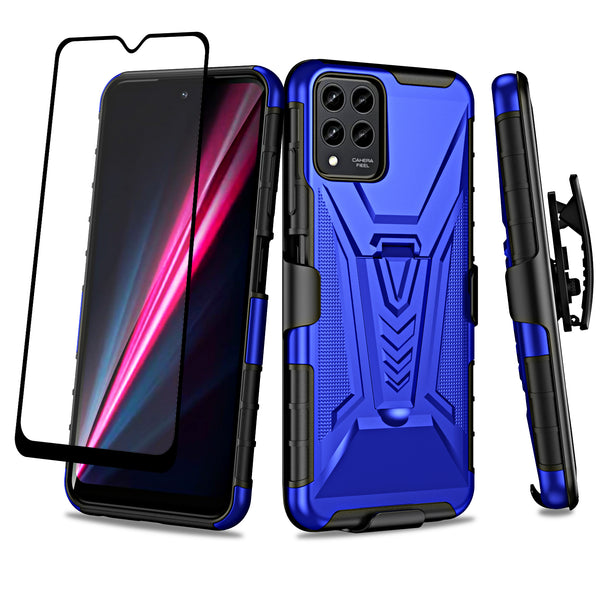For T-Mobile REVVL 6 Pro 5G Case with Tempered Glass Screen Protector Heavy Duty Protective Phone Case,Built-in Kickstand Rugged Shockproof Protective Phone Case - Blue