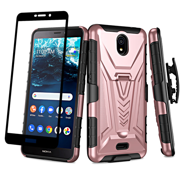 For Nokia C100 Case [Military Grade] Ring Car Mount Kickstand w/[Tempered Glass] Hybrid Hard PC Soft TPU Shockproof Protective Case - Rose Gols