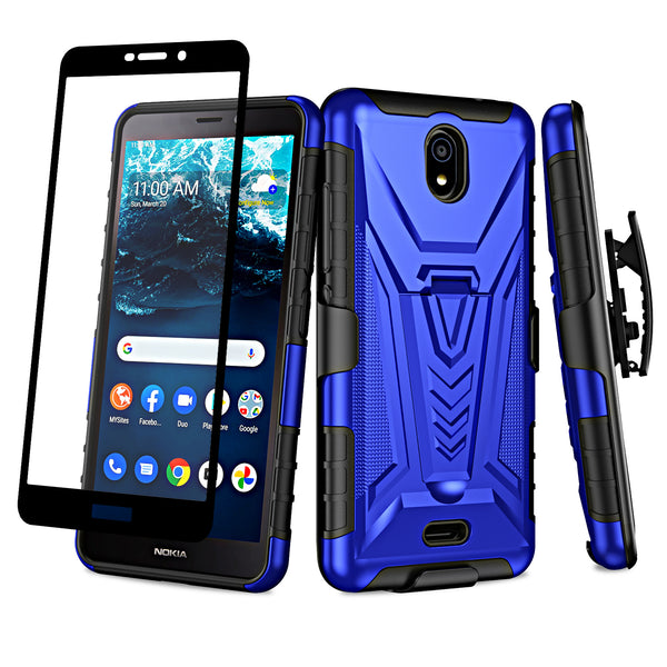 For Nokia C100 Case [Military Grade] Ring Car Mount Kickstand w/[Tempered Glass] Hybrid Hard PC Soft TPU Shockproof Protective Case - Blue