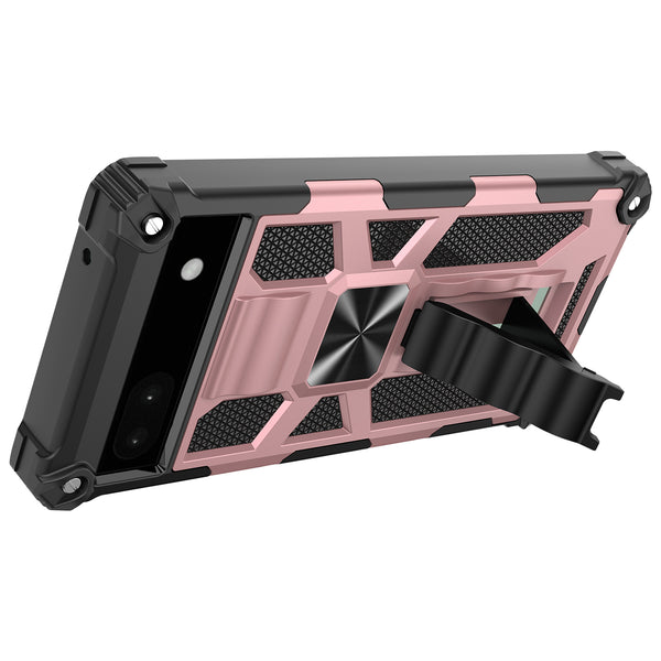 For Google Pixel 6A Case [Military Grade] Ring Car Mount Kickstand w/[Tempered Glass] Hybrid Hard PC Soft TPU Shockproof Protective Case - Rose Gold