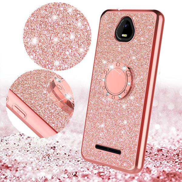 For Boost Schok Volt SV55 Case, Glitter Cute Phone Case Girls with Kickstand,Bling Diamond Rhinestone Bumper Ring Stand Sparkly Luxury Clear Thin Soft Protective Boost Schok Volt SV55 Case for Girl Women - Rose Gold