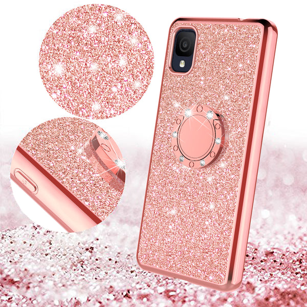 For TCL 30Z 30LE Case, Glitter Cute Phone Case Girls with Kickstand,Bling Diamond Rhinestone Bumper Ring Stand Sparkly Luxury Clear Thin Soft Protective TCL 30Z 30LE Case for Girl Women - Rose Gold