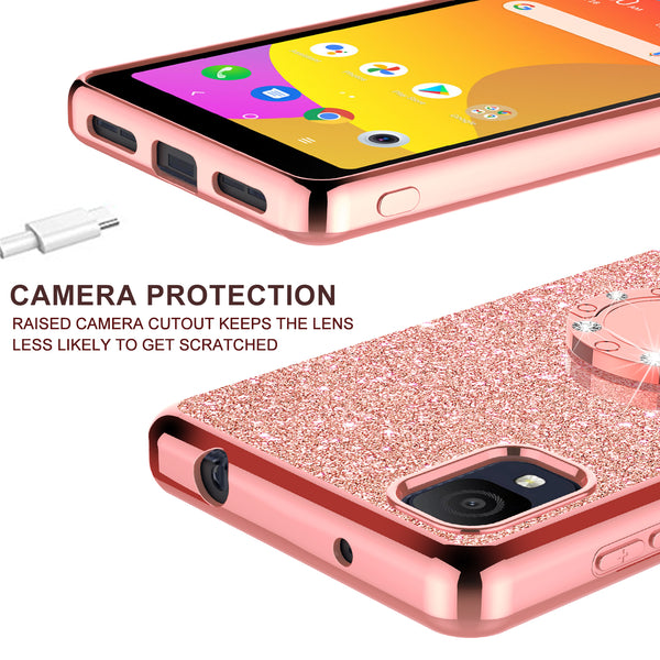 For TCL Ion Z Case, Glitter Cute Phone Case Girls with Kickstand,Bling Diamond Rhinestone Bumper Ring Stand Sparkly Luxury Clear Thin Soft Protective TCL Ion Z Case for Girl Women - Rose Gold