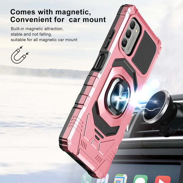 For Nokia G400 5G Case [Military Grade] Ring Car Mount Kickstand w/[Tempered Glass] Hybrid Hard PC Soft TPU Shockproof Protective Case - Rose Gold