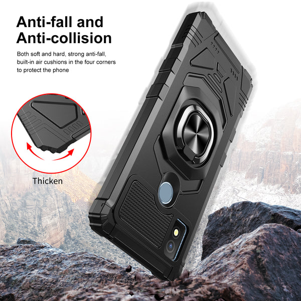 For Cricket Icon 4 Case [Military Grade] Ring Car Mount Kickstand w/[Tempered Glass] Hybrid Hard PC Soft TPU Shockproof Protective Case - Black