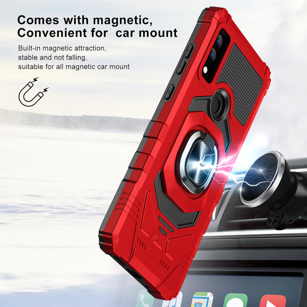 For AT&T Maestro 3 Case [Military Grade] Ring Car Mount Kickstand w/[Tempered Glass] Hybrid Hard PC Soft TPU Shockproof Protective Case - Red
