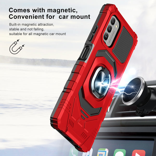 For Nokia G400 5G Case [Military Grade] Ring Car Mount Kickstand w/[Tempered Glass] Hybrid Hard PC Soft TPU Shockproof Protective Case - Red