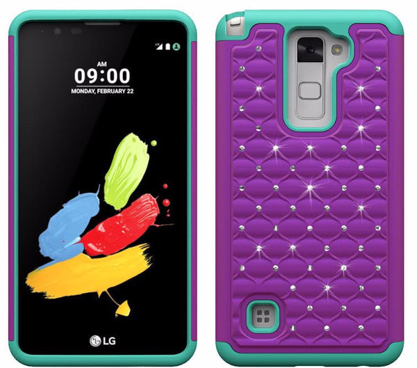 LG Stylo 2 Case, LG Stylo 2 V Diamond Rhinestone Dual Layered Slim Hybrid Case - Purple/Teal - www.coverlabusa.com