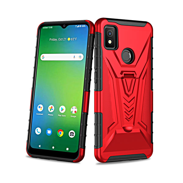 For Cricket Icon 4 Case with Tempered Glass Screen Protector Heavy Duty Protective Phone Case,Built-in Kickstand Rugged Shockproof Protective Phone Case - Red