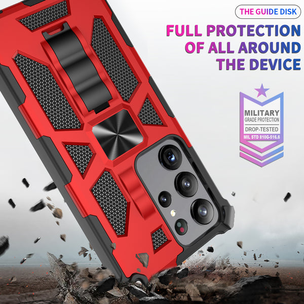 For Samsung Galaxy S23 Ultra Case [Military Grade] Ring Car Mount Kickstand w/[Tempered Glass] Hybrid Hard PC Soft TPU Shockproof Protective Case - Red