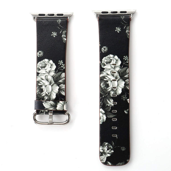 Black Floral Printed Leather Watch Band 42mm Strap - Black grey flower - www.coverlabusa.com