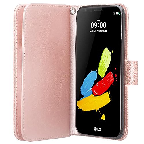 LG Aristo 2 Plus Case, Aristo 2, LG Tribute Dynasty, Rebel 3, Zone 4, [Wrist Strap] Glitter Faux Leather Flip [Kickstand] Wallet Case Wristlet - Rose Gold