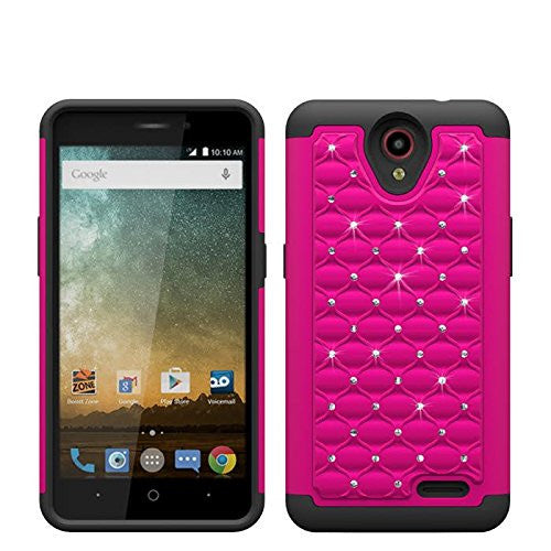 ZTE Prestige, Sonata 3, Avid Trio, Avid Plus, Chapel Diamond Hybrid Crystal Rhinestone Dual Layer Gel Case - Hot Pink/Black - www.coverlabusa.com