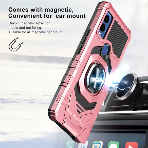 For Cricket Innovate E 5G Case [Military Grade] Ring Car Mount Kickstand w/[Tempered Glass] Hybrid Hard PC Soft TPU Shockproof Protective Case - Rose Gold