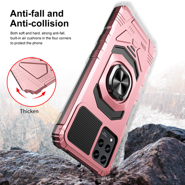 For T-Mobile REVVL 6 Pro 5G Case [Military Grade] Ring Car Mount Kickstand w/[Tempered Glass] Hybrid Hard PC Soft TPU Shockproof Protective Case - Rose Gold