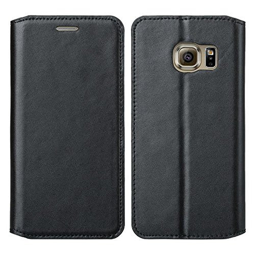Samsung Galaxy S7 Genuine Leather Case, Magnetic Flip Fold[Kickstand] with ID & Card Slots Genuine Leather Wallet Case for Galaxy S7 - Black