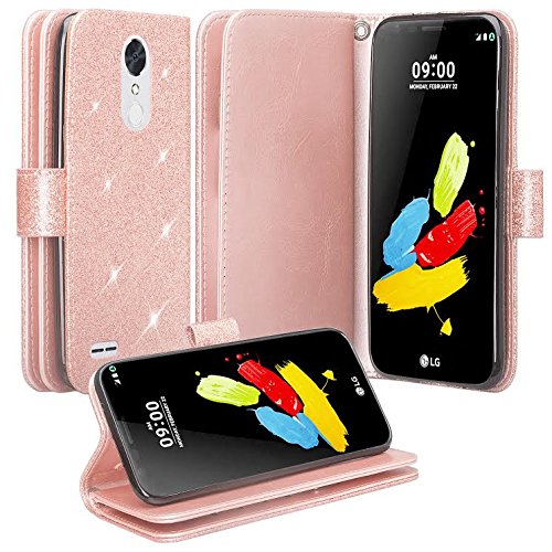 LG Aristo 2 Plus Case, Aristo 2, LG Tribute Dynasty, Rebel 3, Zone 4, [Wrist Strap] Glitter Faux Leather Flip [Kickstand] Wallet Case Wristlet - Rose Gold