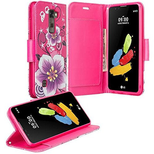 LG K10 / LG Premier LTE Wallet Case, Wrist Strap [Kickstand] Leather Wallet Case - Hot pink purple flower www.coverlabusa.com