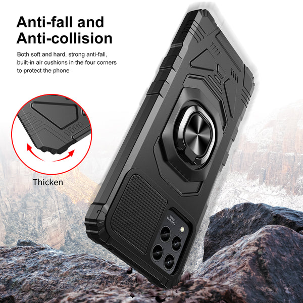 For T-Mobile REVVL 6 Pro 5G Case [Military Grade] Ring Car Mount Kickstand w/[Tempered Glass] Hybrid Hard PC Soft TPU Shockproof Protective Case - Black