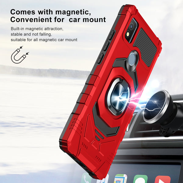 For Cricket Icon 4 Case [Military Grade] Ring Car Mount Kickstand w/[Tempered Glass] Hybrid Hard PC Soft TPU Shockproof Protective Case - Red